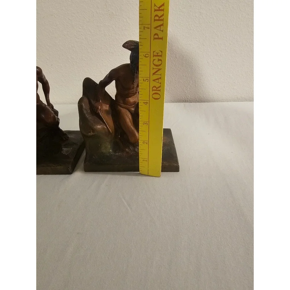 Vintage Native American Scout Cast Metal Polychrome Bookends Pair Bronze Tone